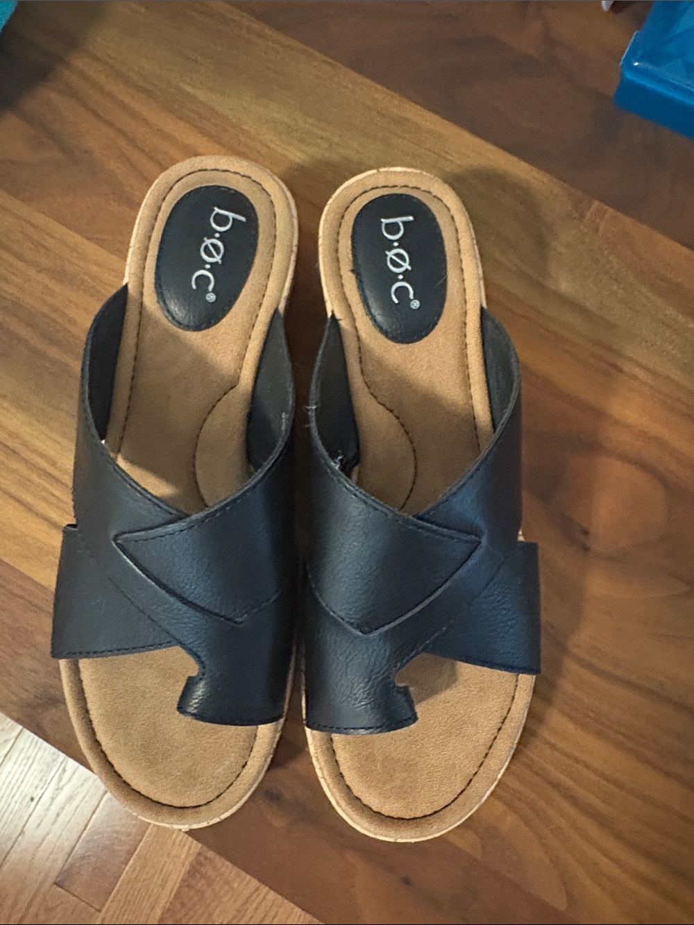 b.o.c. Black Leather Cork-Effect Wedge Sandals